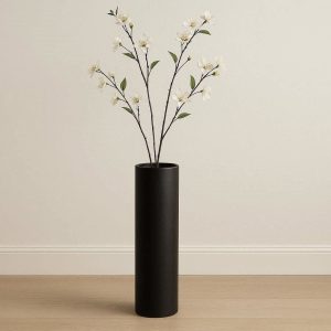 Tall Cylinder Black Ceramic Vase For Minimalist Entryway Decor And Long Stemmed Floral Display