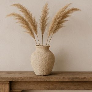 Handmade Textured Beige Ceramic Vase For Rustic Farmhouse Mantle Decor And Dried Pampas Grass
