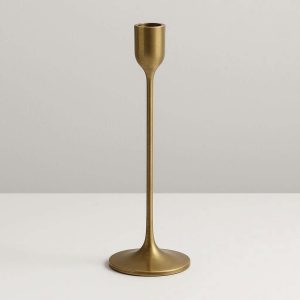 Slim Brass Taper Candle Stick Holder For Elegant Modern Mantle And Sophisticated Dining Table