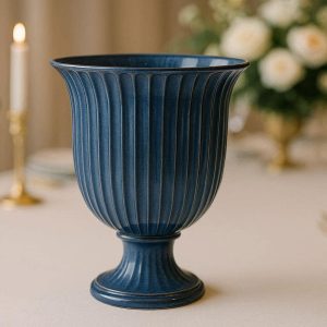 Elegant Fluted Blue Ceramic Vase For Luxury Dining Table Centerpiece And Wedding Event Decor